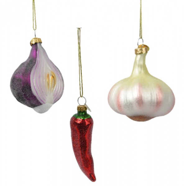 Christbaumschmuck Gemüse 3er-Set Glitzer Weihnachtsdeko Knoblauch Chili Zwiebel