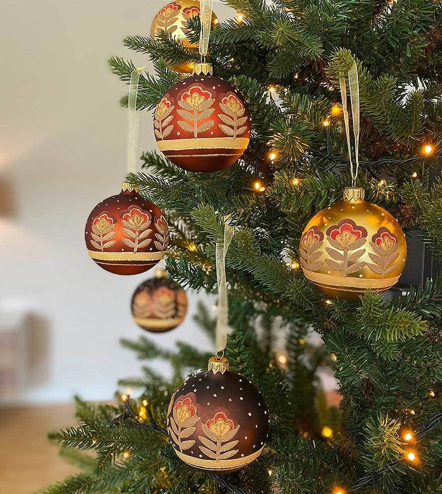 Christbaumkugeln Braun Gold Kupfer Blumen 6 Stück Weihnachtsbaumkugeln Echt Glas