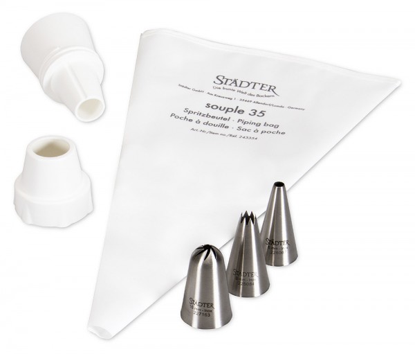 Städter Tortenzauber Set 5-teilig Spritzbeutel Adapter 3 Edelstahl Tüllen