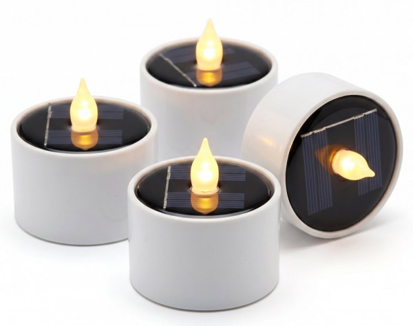 Solar LED Teelichter Groß 5 cm 4 Stück Flacker-Effekt Maxi Warmweiß Outdoor