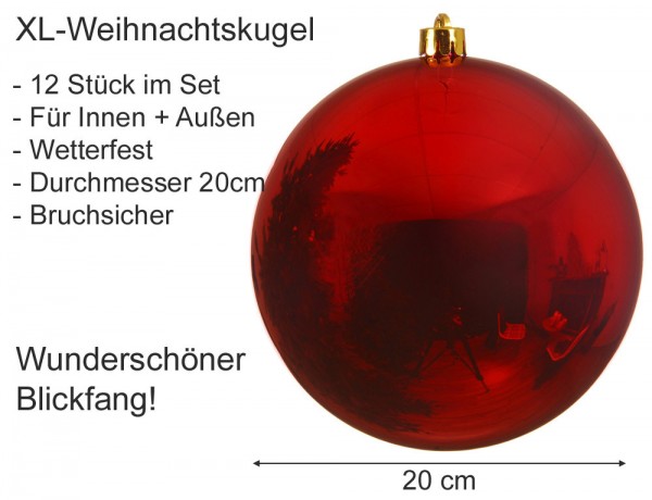12 x Große Weihnachtskugel 20 cm Rot Wetterfeste XL Christbaumkugel Außen Innen