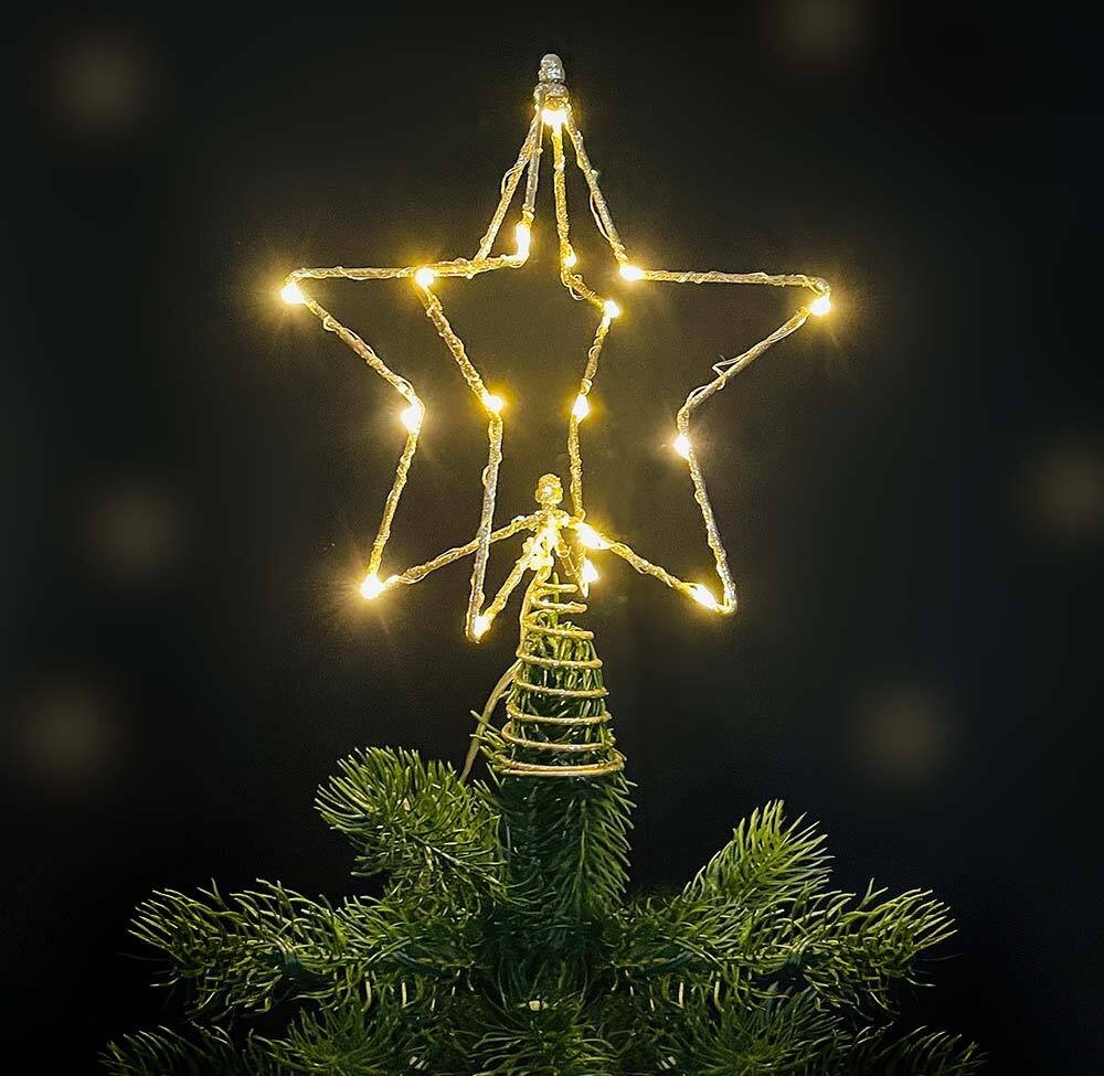 Weihnachtsbaumspitze beleuchtet Stern Silber LED Christbaumspitze Warmweiß Timer