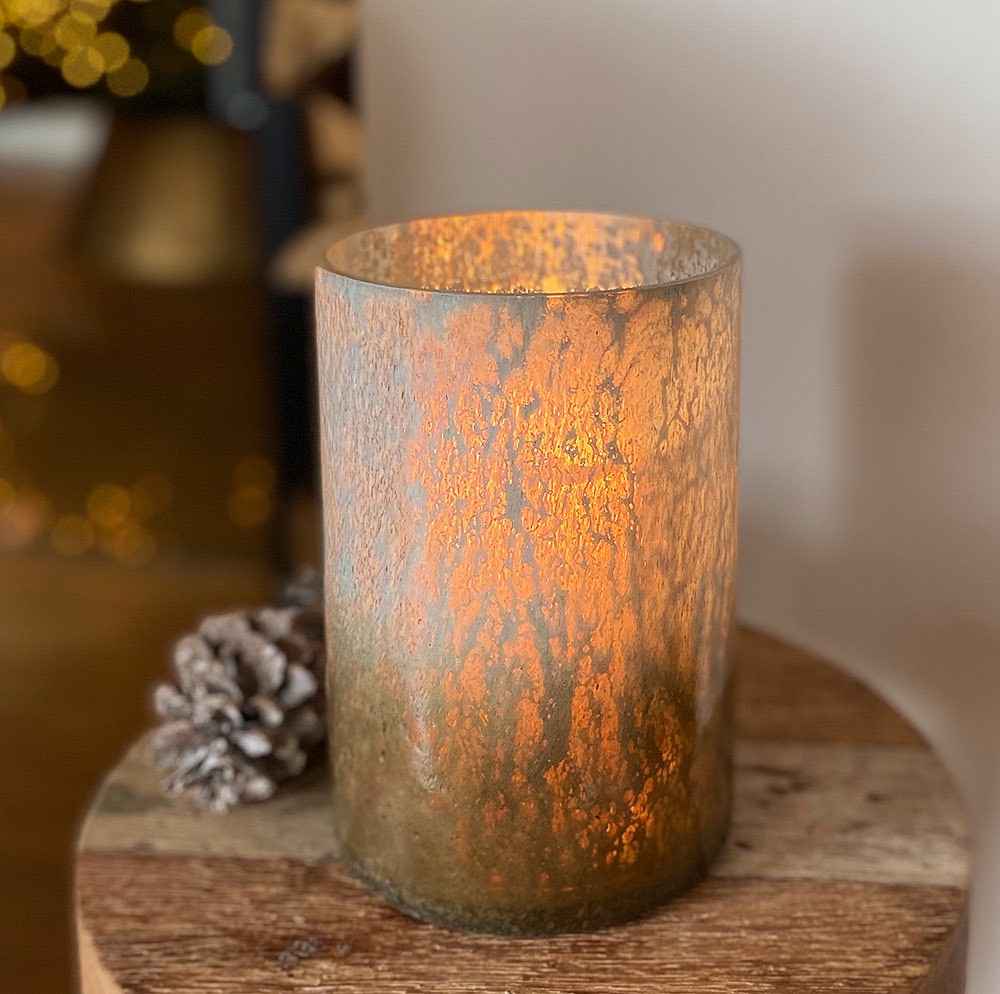 Windlicht Glas gold patiniert Teelichtglas Antik-Stil Kerzenhalten Ø 12cm