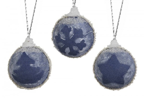 Christbaumkugeln 3er Set Denim Blue Jeans Stoff Blau mit Schnee Bruchfest 8cm