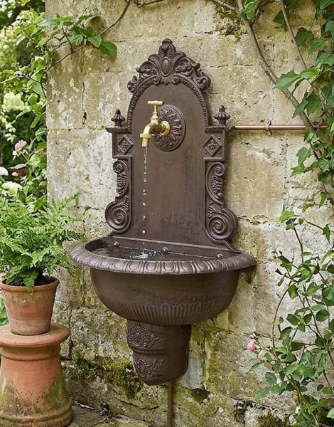 Wandbrunnen Antik-Stil Waschbecken mit Wasserhahn Nostalgie Metall Braun