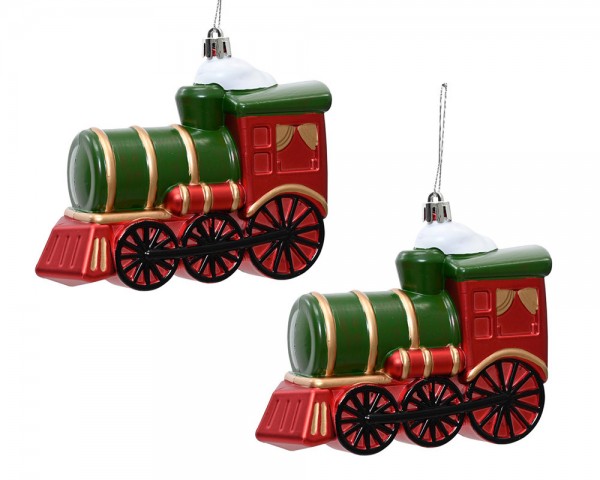 Christbaumschmuck Lokomotive 2 Stück Dampflok Rot Grün Weihnachtsbaum Anhänger