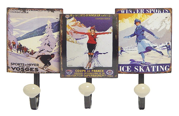 Nostalgische Garderobe Blechschild-Optik WINTER-SPORTS 3 Haken 34x20cm