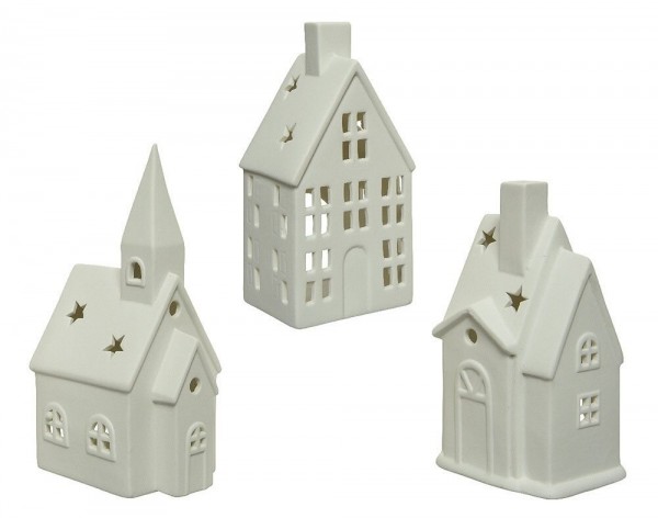 Lichthaus Keramik Weiß 3 Stück für Teelichter Lichthäuser Weihnachtsdeko