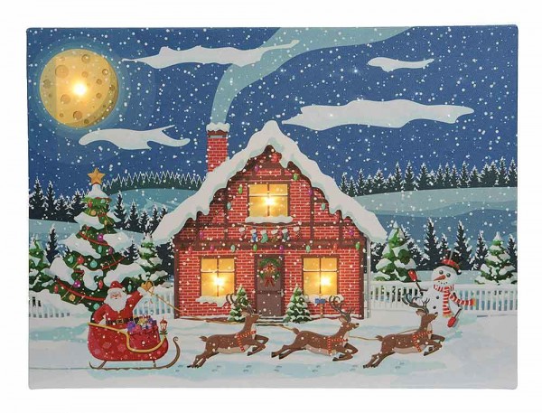 LED Bild Winterlandschaft Weihnachtsmann Schlitten Schneemann Wandbild 28x38cm