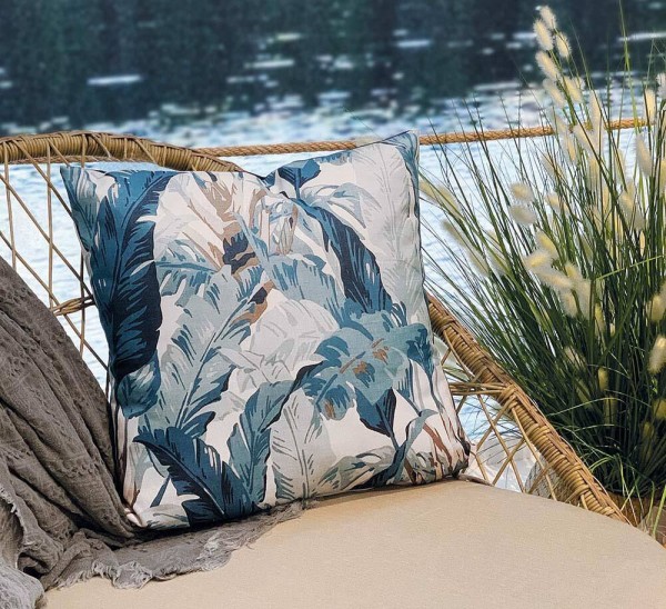 Outdoor Kissen Palmblatt 2 Stück Wasserabweisend Palme Blau Weiß Tropisch 45x45cm