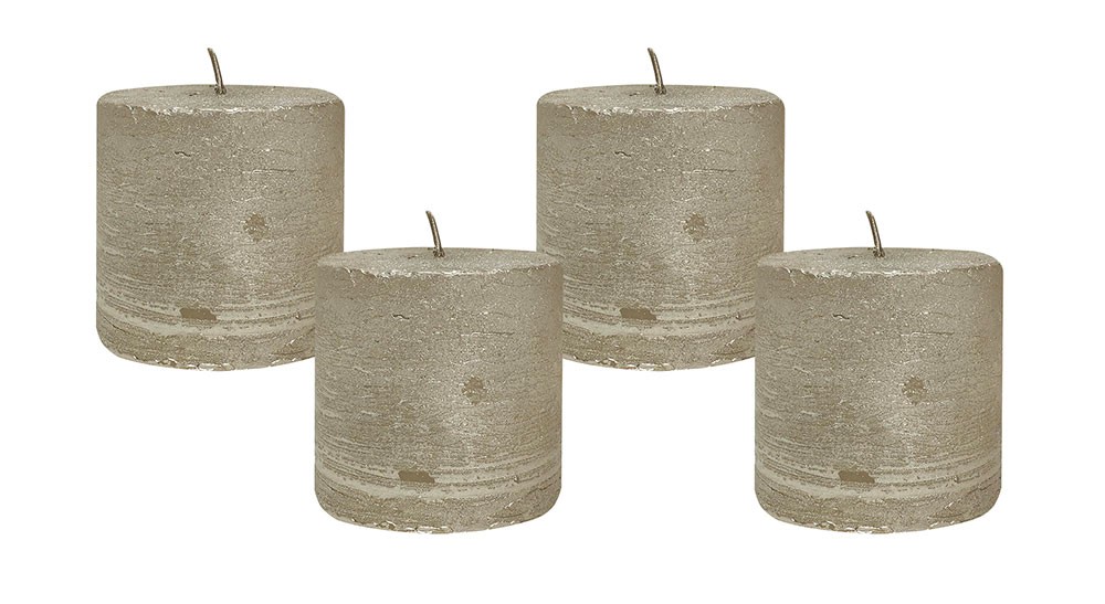 4 Rustic Stumpenkerzen Premium Kerze Silber-Gold lackiert 5x5cm - 15 Std Brenndauer