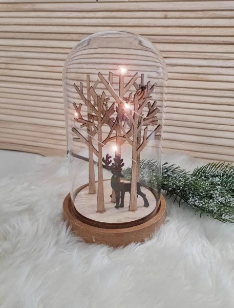 Weihnachtsdeko Rentier in Glasglocke LED Beleuchtet mit Timer Glaskuppel Holz