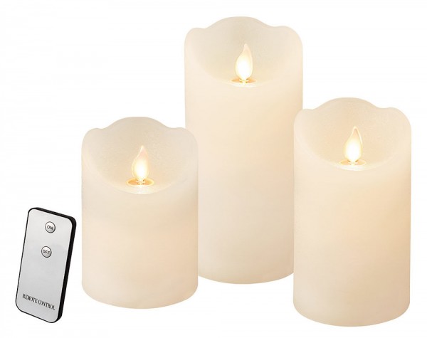 LED Kerzen 3 Stück Stumpenkerze Echtwachs Weiß tanzende Flamme mit Fernbedienung