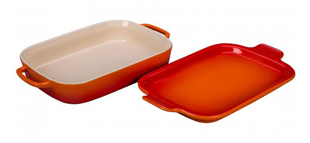 Le Creuset Bratreine mit Servierplatte Steinzeug Ofenrot 38x23cm