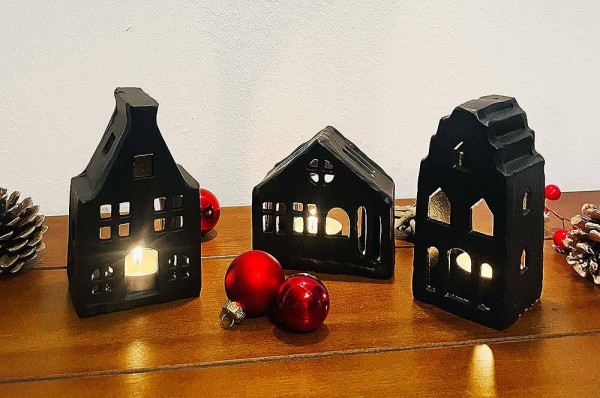 Lichthäuser 3er Set Schwarz Keramik Teelichthalter Windlicht Haus Weihnachten