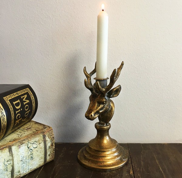 Kerzenhalter Hirsch gold Messing Antik-Stil Kerzenständer Vintage Rustikal 19cm