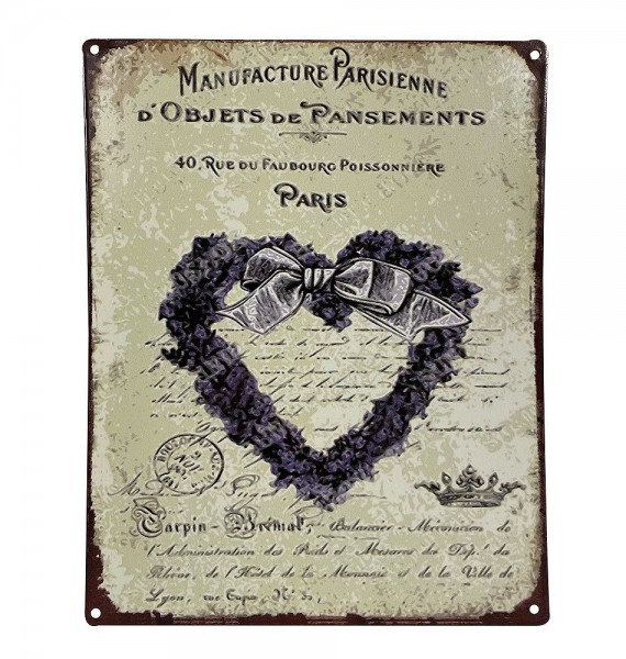 Blechschild Paris Lavendel Herz Dekoschild Dekoschild Vintage-Stil 20x25cm