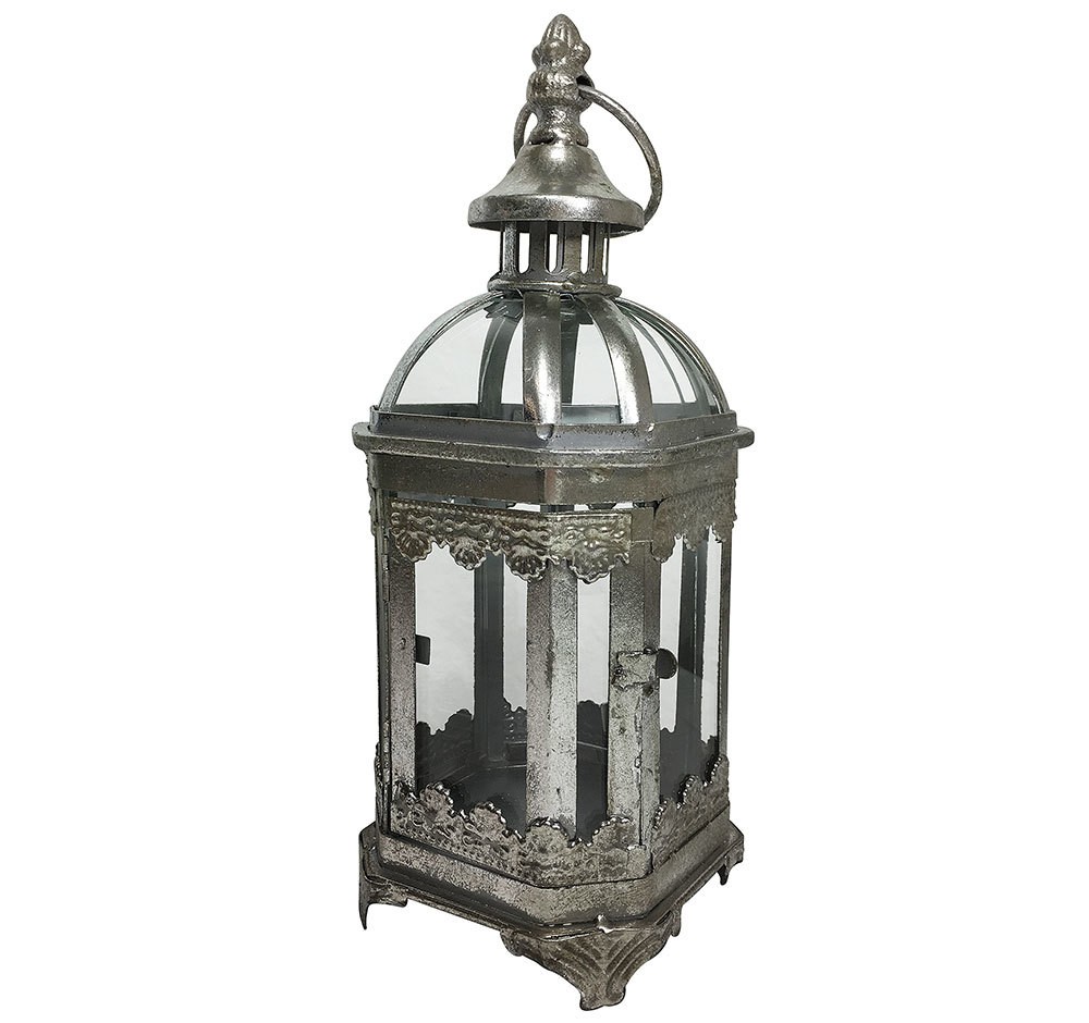 Laterne Antik-Stil Windlicht Eisen silber Glas Kerzenhalter 26cm