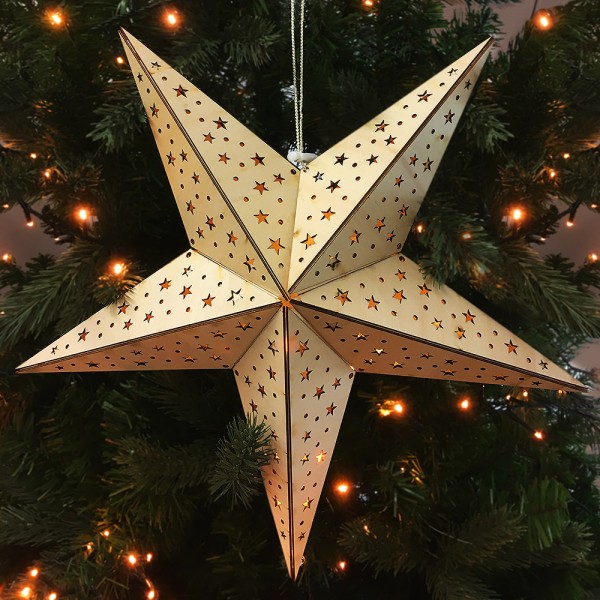 LED Holzstern Weihnachtsstern Sterne 3D Warmweiß Batterie Timer Fensterdeko 40cm