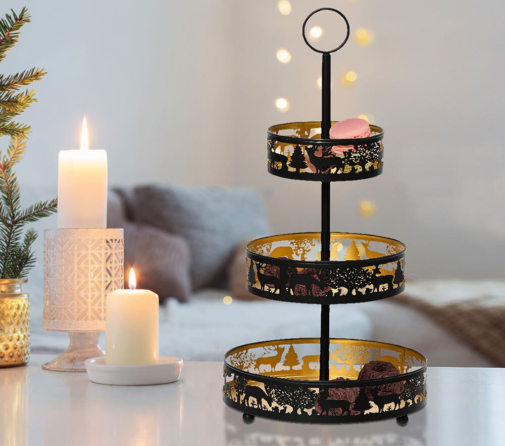 Etagere Weihnachten Metall Schwarz Gold 3 Stöckig Hirsch Wald Servierständer 50cm Etagere Weihnachten Metall Schwarz Gold 3 Stöckig Hirsch Wald Servierständer 50cm