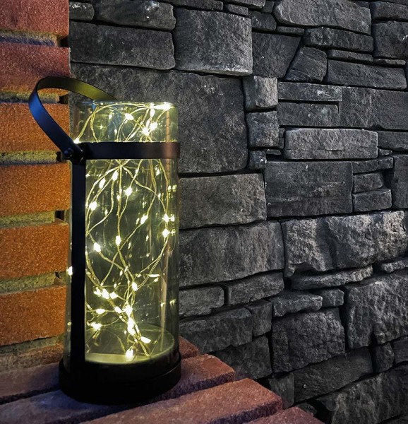 Solar Laterne für Außen LED Solarleuchte mit Henkel Warmweiß Windlicht Grau 25cm