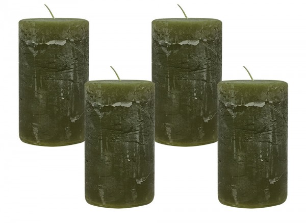 4 Rustic Stumpenkerzen Premium Kerze Dunkelgrün Oliv 7x12cm - 55 Std Brenndauer