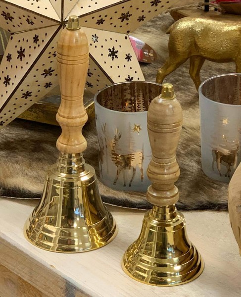 Handglocke Messing Gold mit Holzgriff lauter Klang Schule Weihnachten