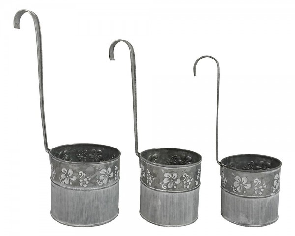 3er Set Hängender Blumentopf Zink Vintage-Stil mit Haken Balkon Hängetopf Grau