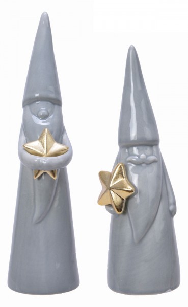2 Weihnachtszwerge Dekofiguren mit Stern in Gold / Grau Weinachtsmann Nikolaus Figuren