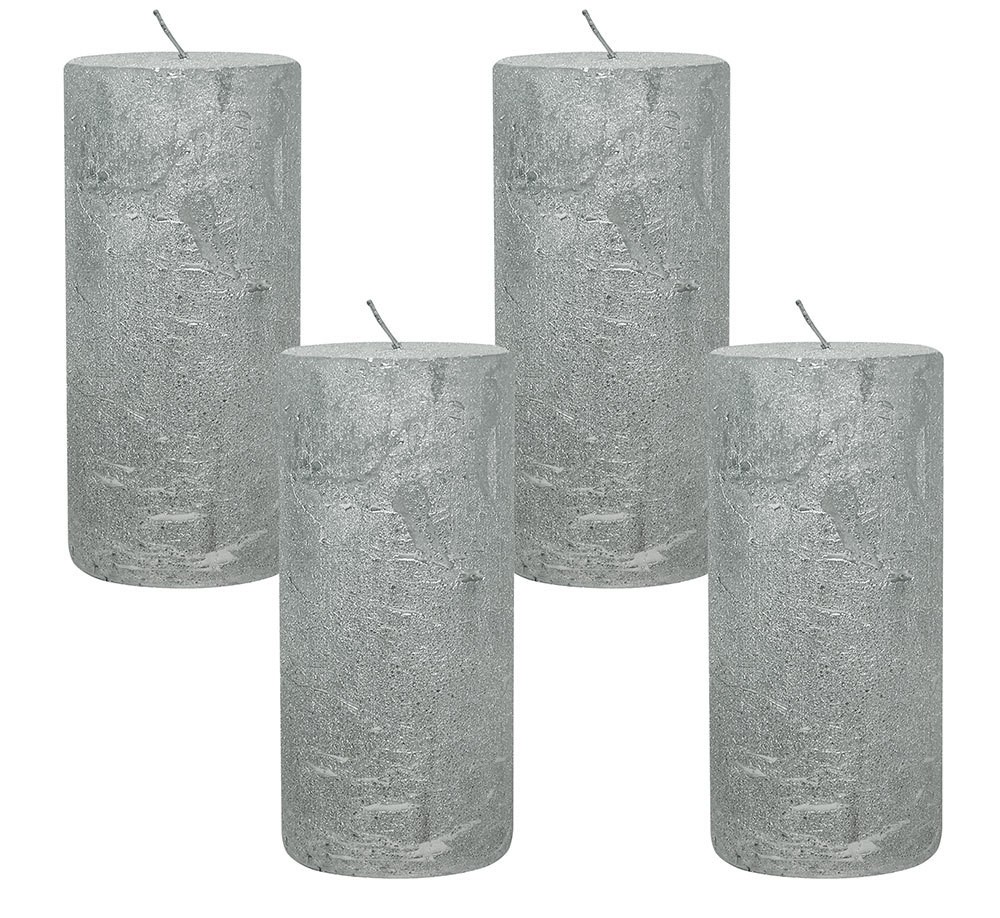 4 Rustic Stumpenkerzen Premium Kerze Silber lackiert 7x15cm - 65 Std Brenndauer