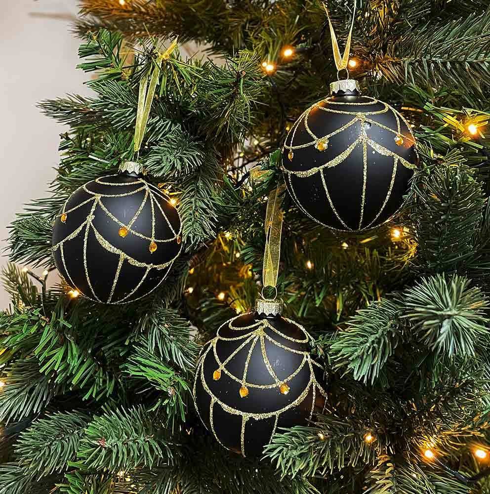 Christbaumkugeln Schwarz Ornamente Gold 3 Stück Weihnachtskugeln Echt Glas