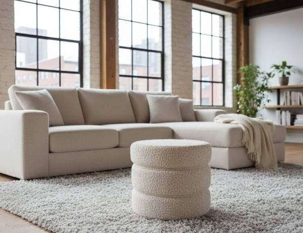 Sitzhocker Rund Pouf Bouclé Teddy Stoff Kuscheliger Hocker Polsterhocker Beige