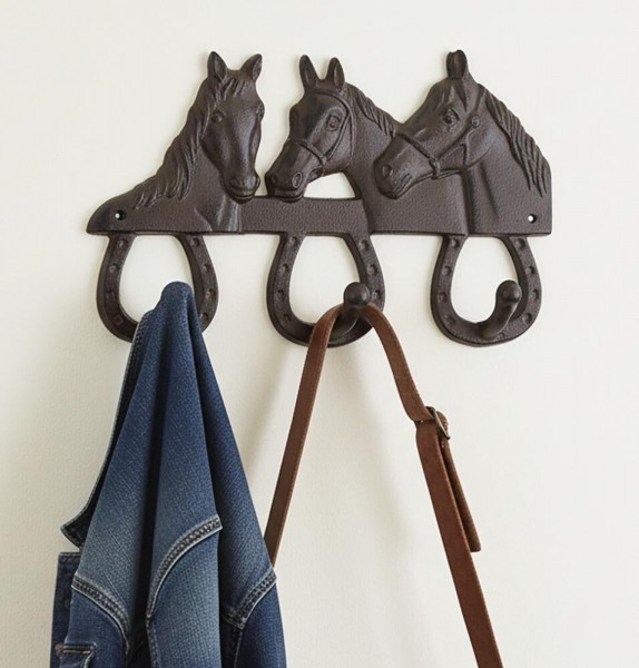 Wandgarderobe Pferde aus Gusseisen Garderobe 3 Haken Antik-Landhausstil Braun