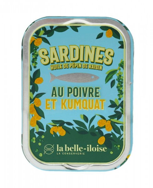 la belle-iloise Sardinen in Traubenkernöl mit Kumquat & grünem Pfeffer-Dose 115 g