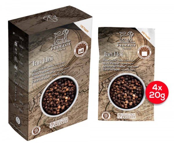Peugeot Tan Hoi Schwarzer Pfeffer für Pfeffermühlen 80g (4 x 20g Beutel)