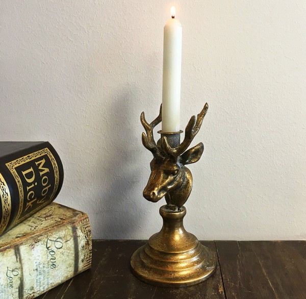 Kerzenhalter Hirsch gold Messing Antik-Stil Kerzenständer Vintage Rustikal 19cm