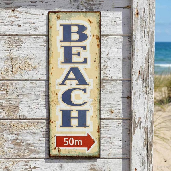 Blechschild BEACH 50m Retro Vintage-Deko Wegweiser Nostalgie Dekoschild 36x13cm