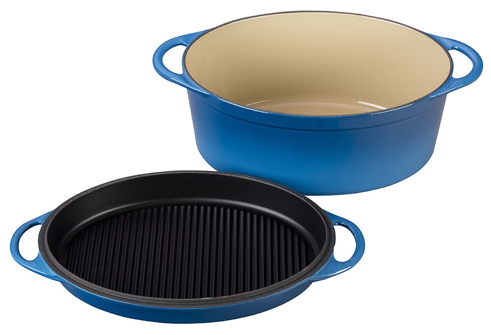 Le Creuset Bräter mit Grilldeckel Oval Gusseisen Marseille Blau 32cm