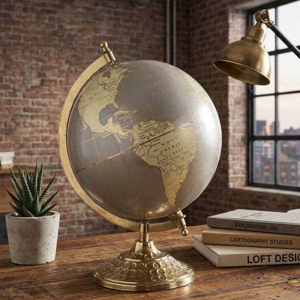 Design Globus Grau-Gold Ø 20cm – Edle Weltkugel mit Metallfuß für Büro & Deko