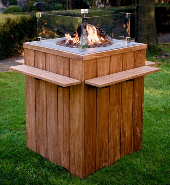 Happy Cocooning Feuertisch Teak-Holz Stehtisch quadratisch schwarz 760x1000mm