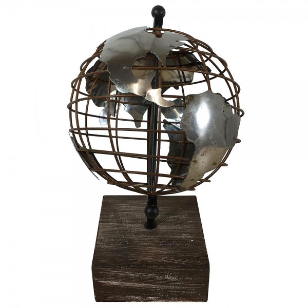 Globus Vintage mit Holzständer Rost Braun Designer Weltkugel Eisen Gitter Retro