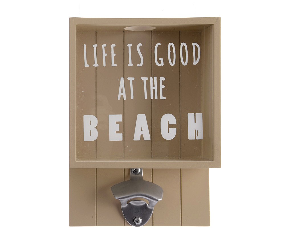 Wandflaschenöffner LIFE IS GOOD AT THE BEACH mit Kronkorken-Box Beige