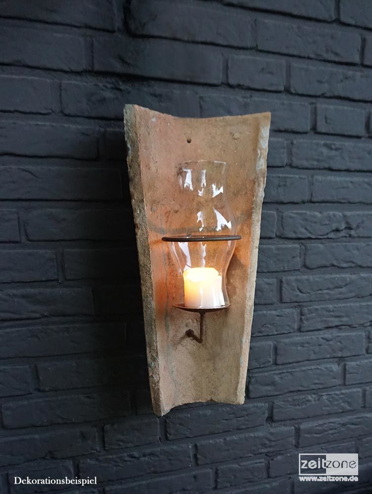 Echt Antiker Dachziegel Wandkerzenhalter mit Glas