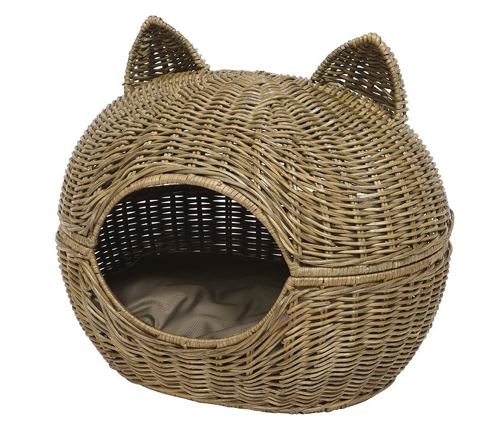 Katzenkorb Katzenhöhle Rattan Mit Kissen Katzenkopf Deckel Aufklappbar 60cm