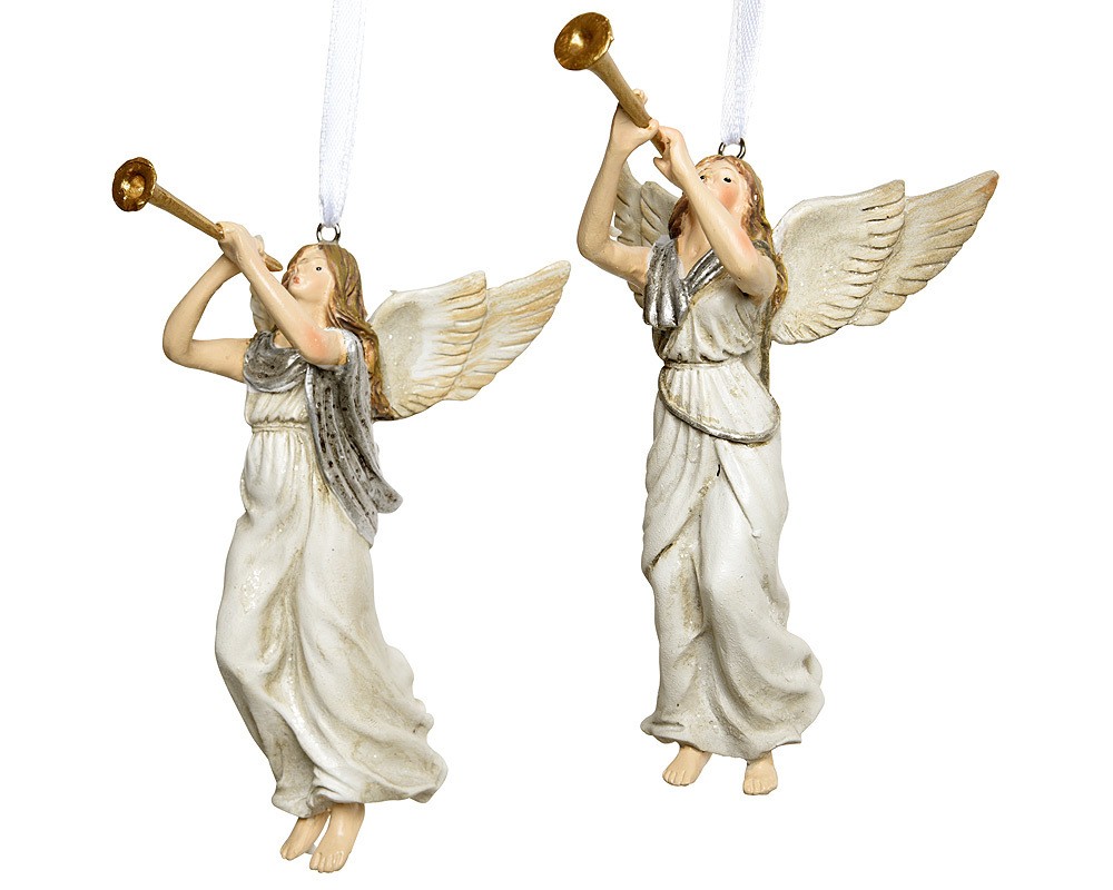 Christbaumschmuck 2 Engel mit Posaune Weihnachtsbaumschmuck Set Weiß Gold