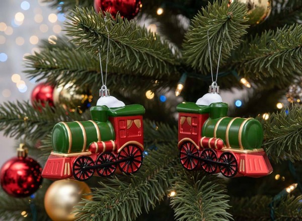Christbaumschmuck Lokomotive 2 Stück Dampflok Rot Grün Weihnachtsbaum Anhänger
