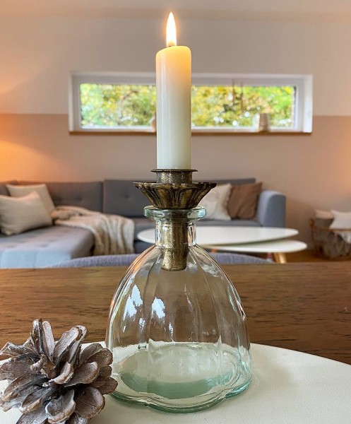 Vase Glas mit Kerzenhalteraufsatz Gold Flaschenaufsatz Vintage Dekovase