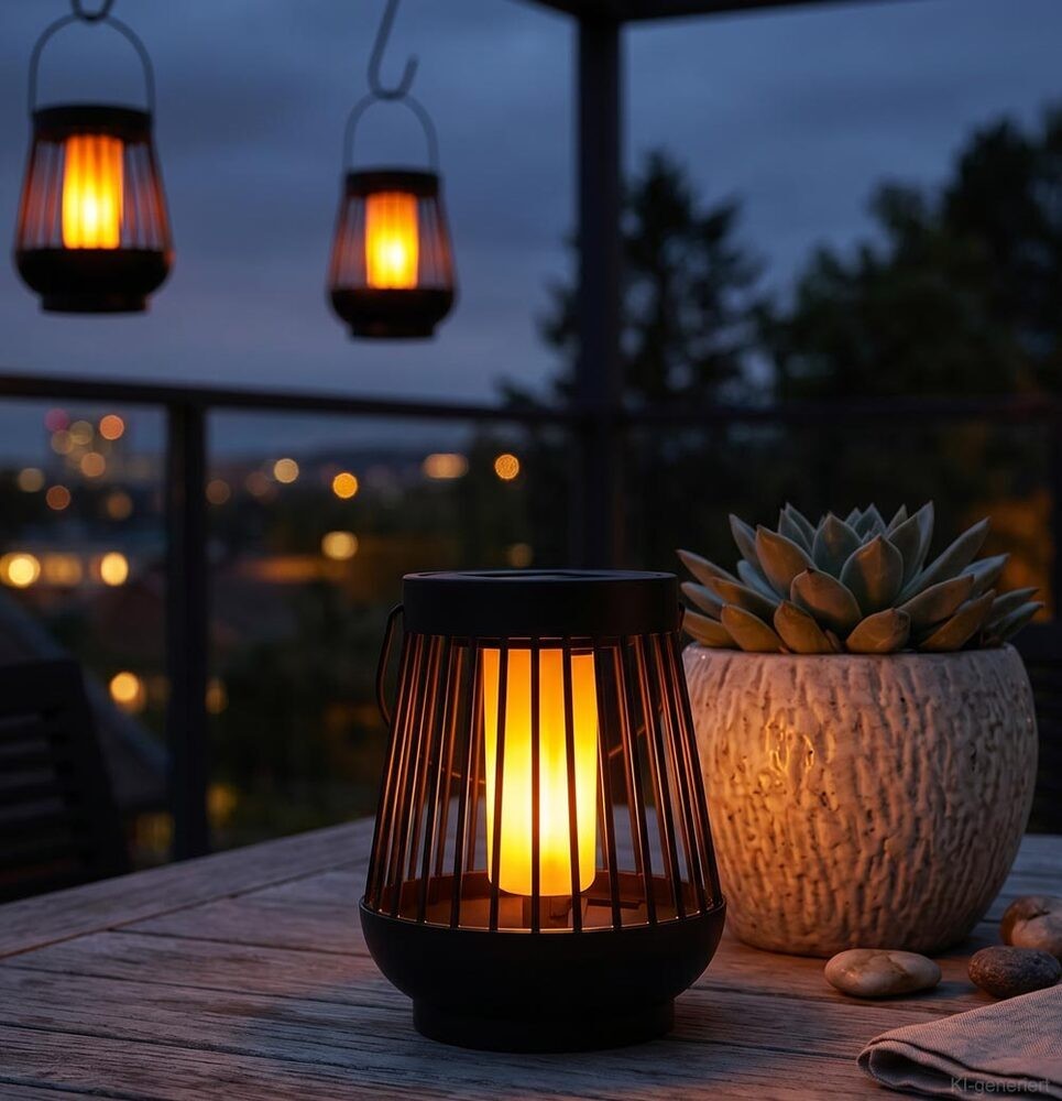 Solarlampe für Außen Hängend mit Flammen-Effekt Laterne Garten, Terrasse, Balkon